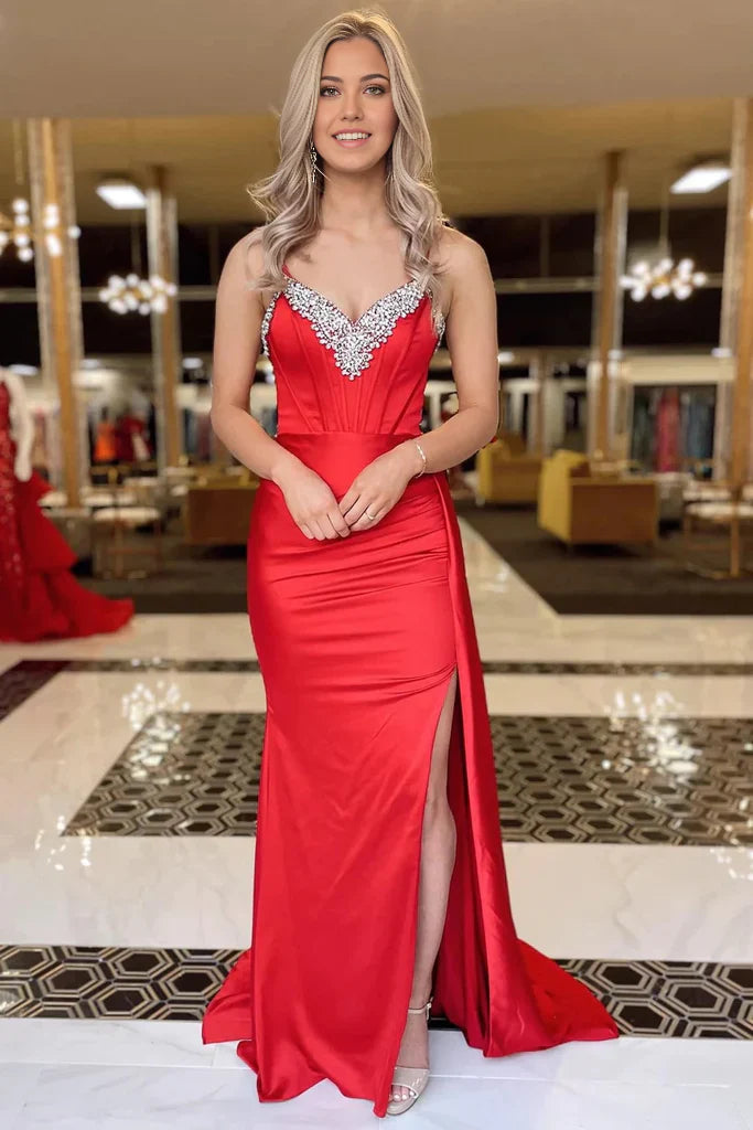 Mermaid Beading V-Neck Long Prom Dress with Attached Train
