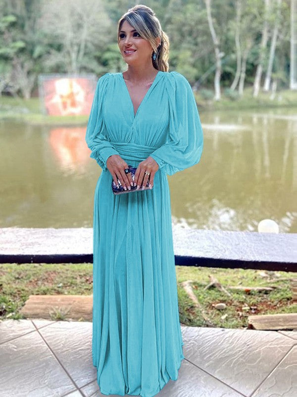 A-Line/Princess Chiffon Ruffles V-neck Long Sleeves Floor-Length Mother of the Bride Dresses