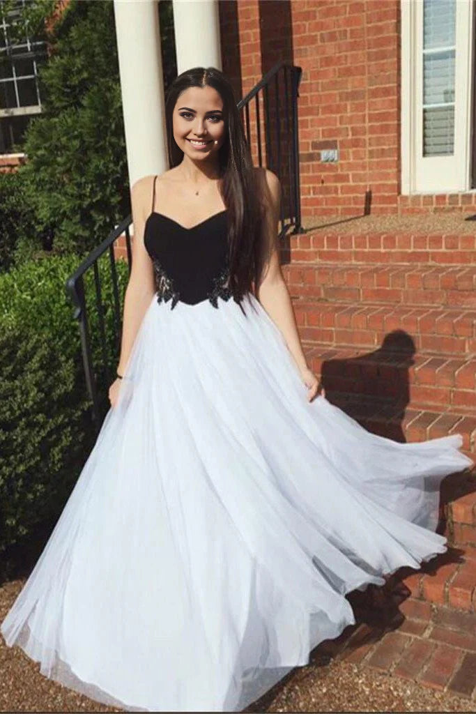 A-line Simple Tulle Spaghetti Straps Long Prom Dresses Evening Dresses