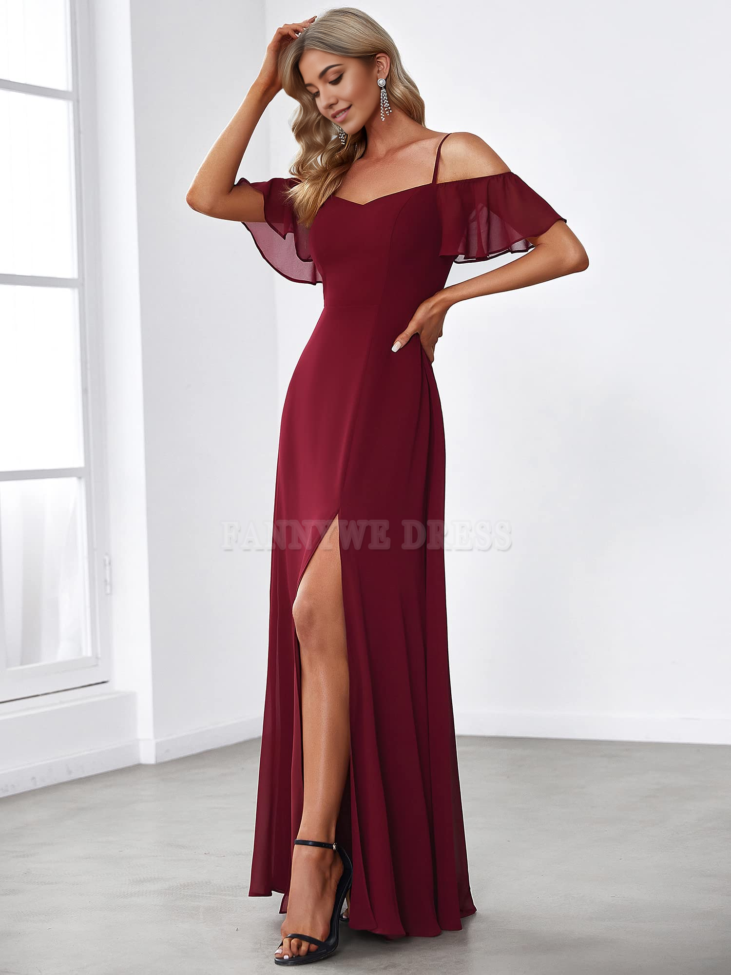 A-Line Off Shoulder Short Sleeve Split Floor Length formal dresses Bridesmaid Dresses evening gown Prom Dress