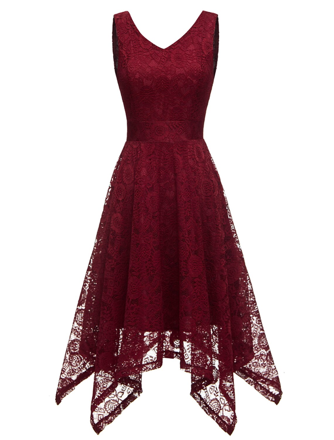 A-Line Cocktail Dresses Vintage Dress Party Wear Knee Length Sleeveless V Neck Lace with Pleats