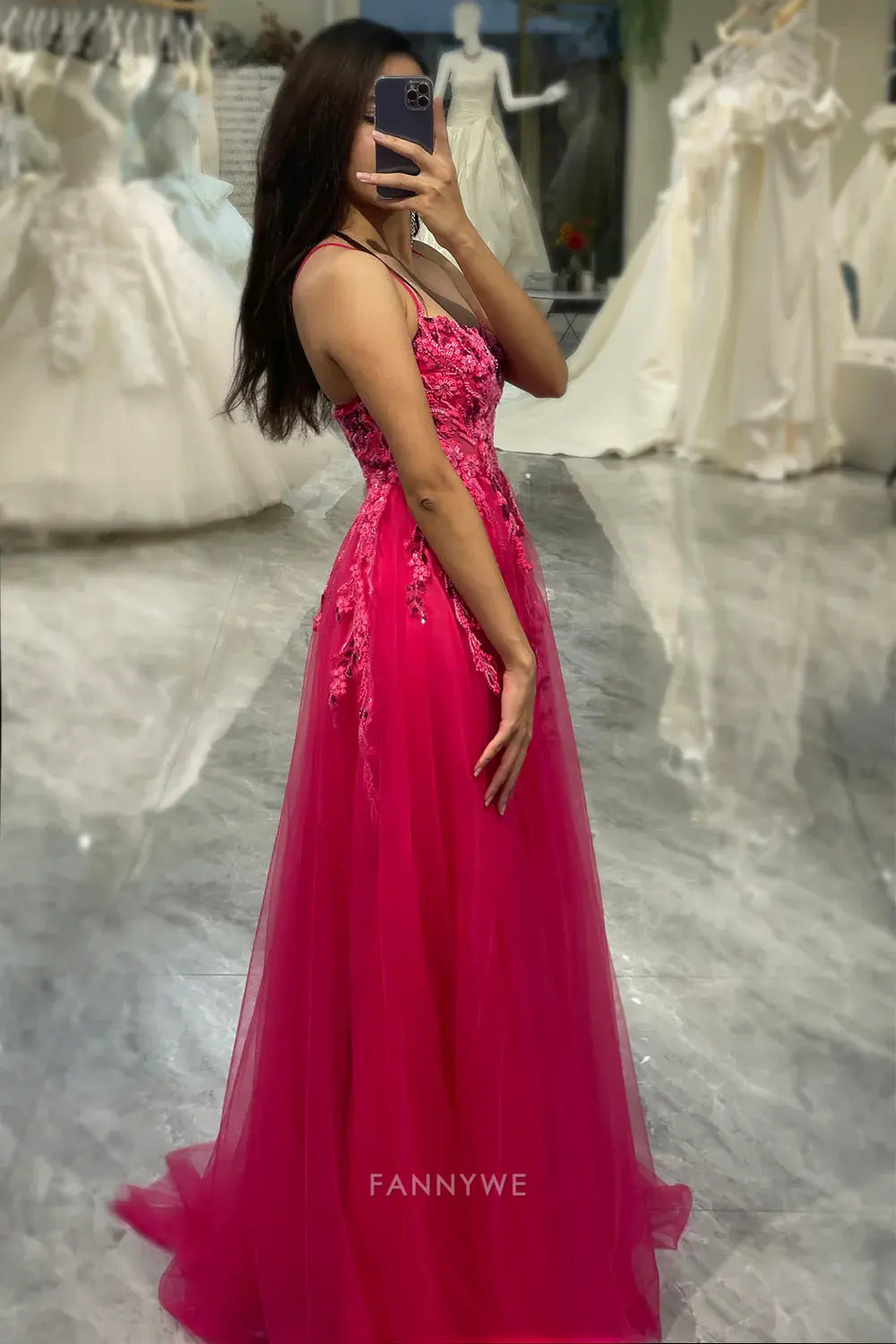 A Line Spaghetti Appliques Straps Tulle Long Fuchsia formal dresses Bridesmaid Dresses evening gown Prom Dress