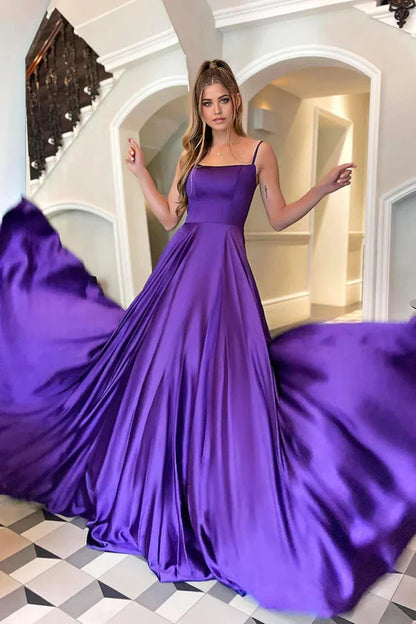 A-Linie U-Ausschnitt Satin Langes Ballkleid Träger Formelles Kleid