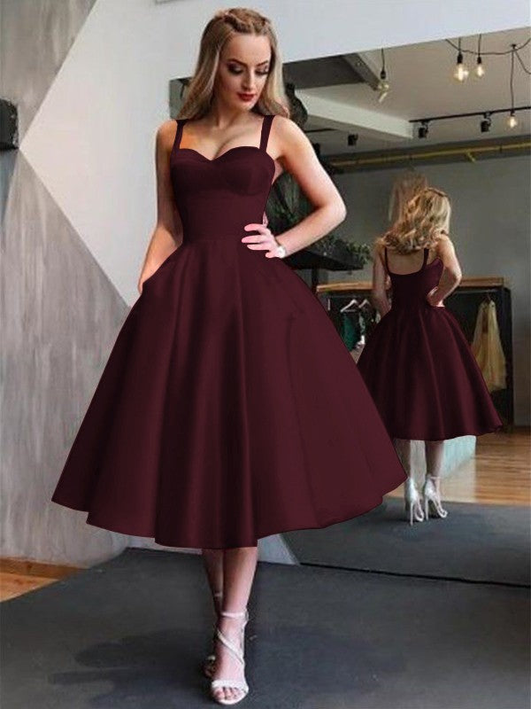 A-Line Straps Satin Sleeveless With Ruffles Tea-Length Dresses