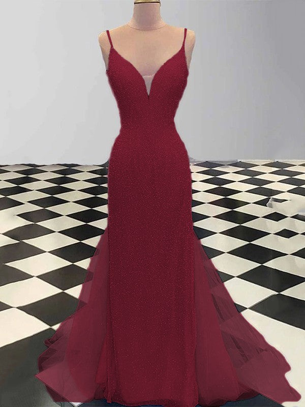 Sheath/Column Spaghetti Straps Sleeveless Tulle Sequin Sweep/Brush Train Dresses