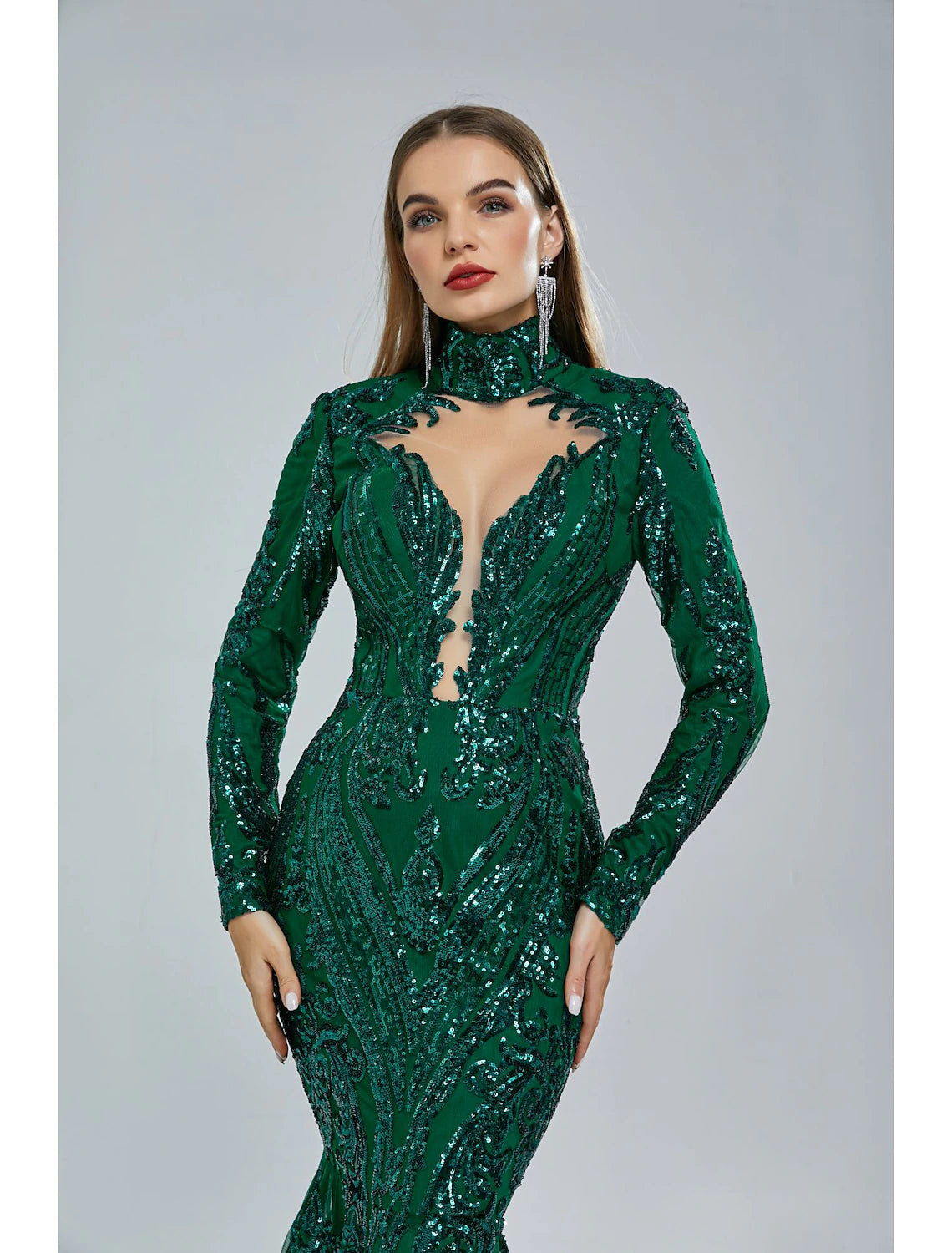 Mermaid / Trumpet Evening Gown Elegant Dress Engagement Court Train Long Sleeve Stand Collar Lace with Sequin