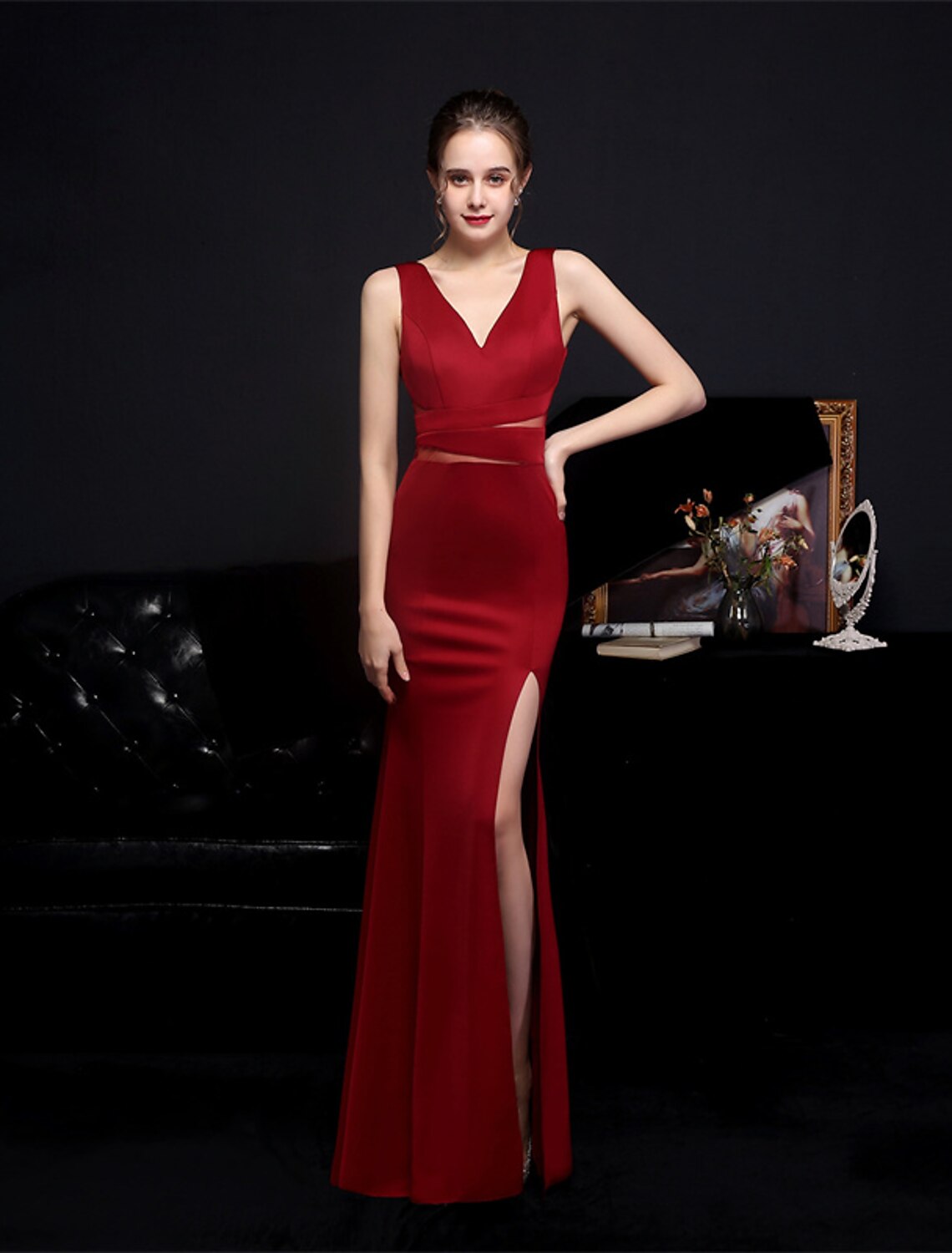 Mermaid / Trumpet Prom Dresses Elegant Dress Formal Floor Length Sleeveless V Neck Polyester with Slit