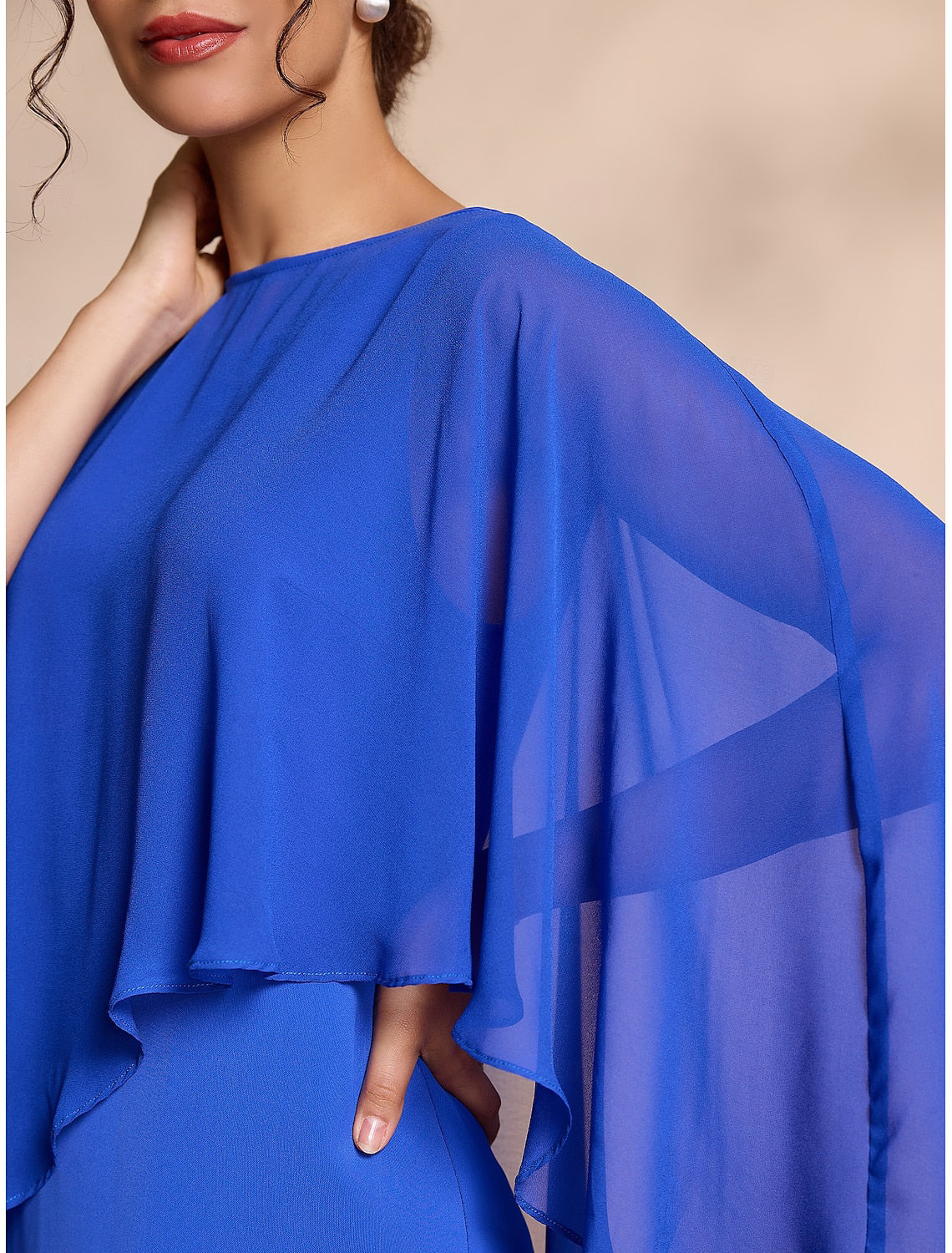 Two Piece Blue Chiffon Causal Round Sleeve Midi Mother of the Bride Dress dress to impress