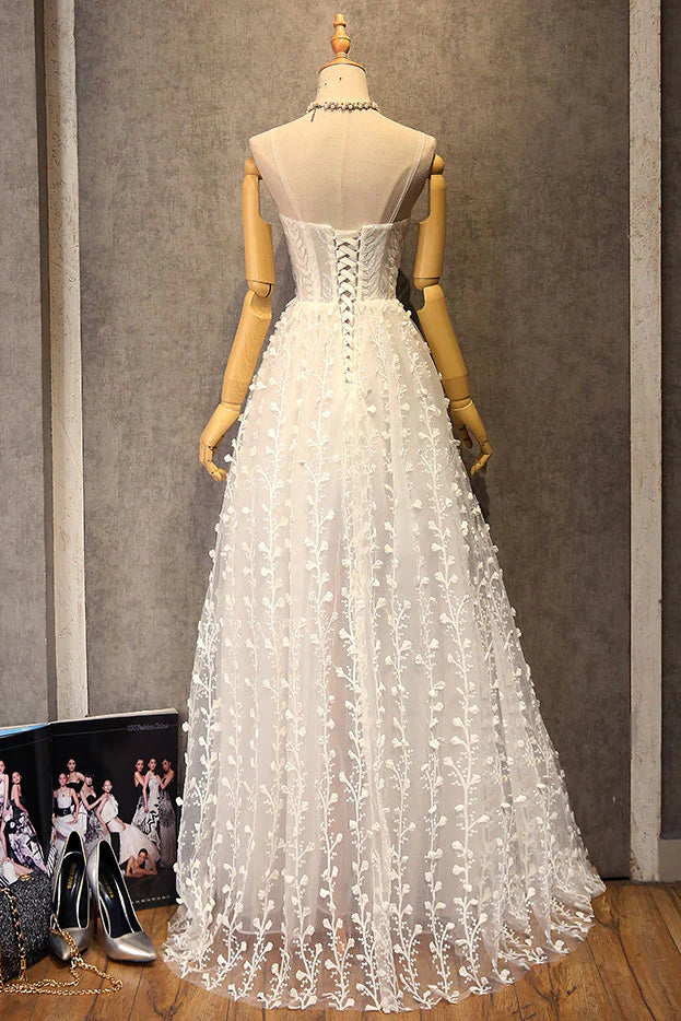 V neck lace long prom dress