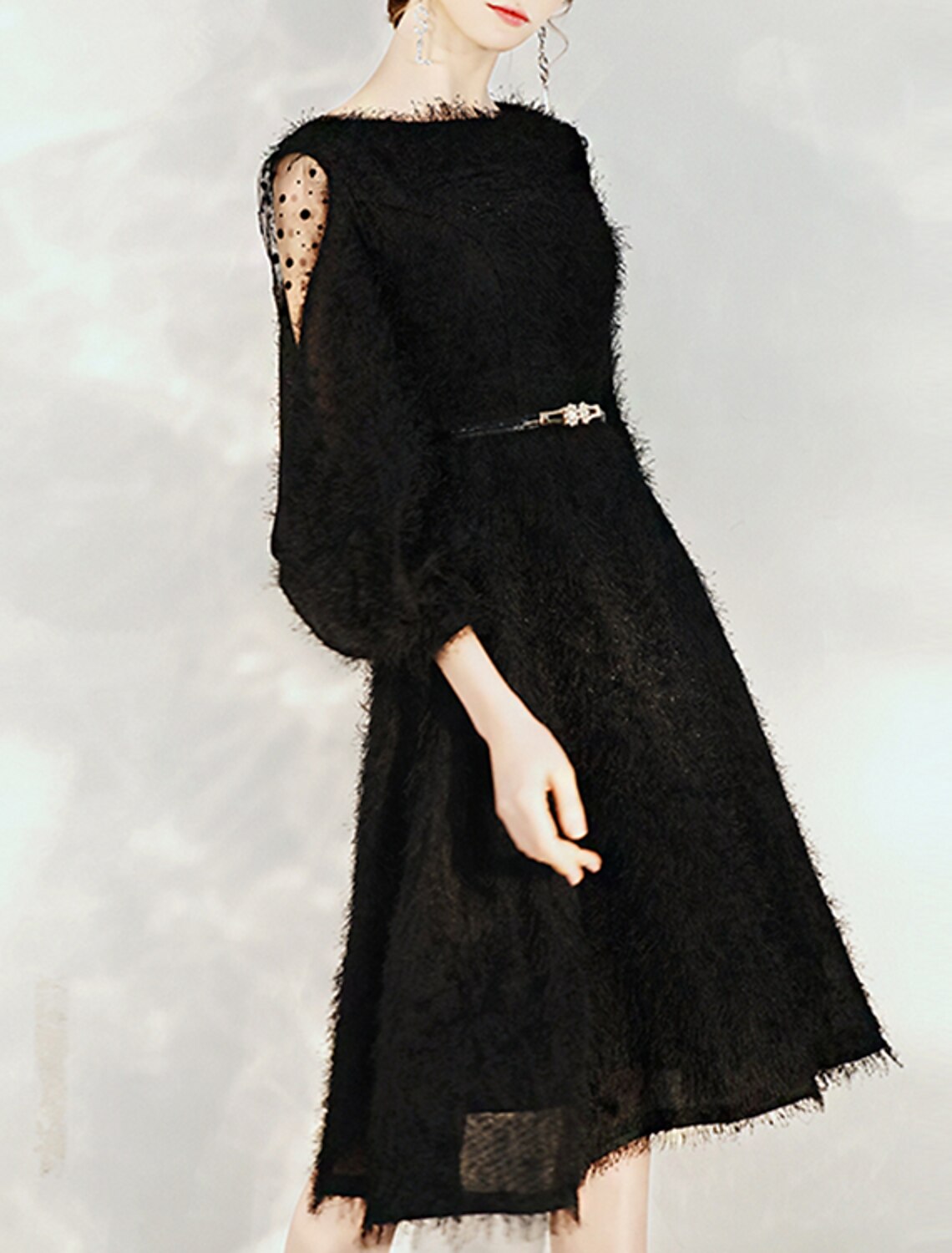 Vestido de cóctel de corte A, estilo princesa, largo hasta la rodilla, manga 3/4, cuello joya, nailon con faja/cinta, color puro.