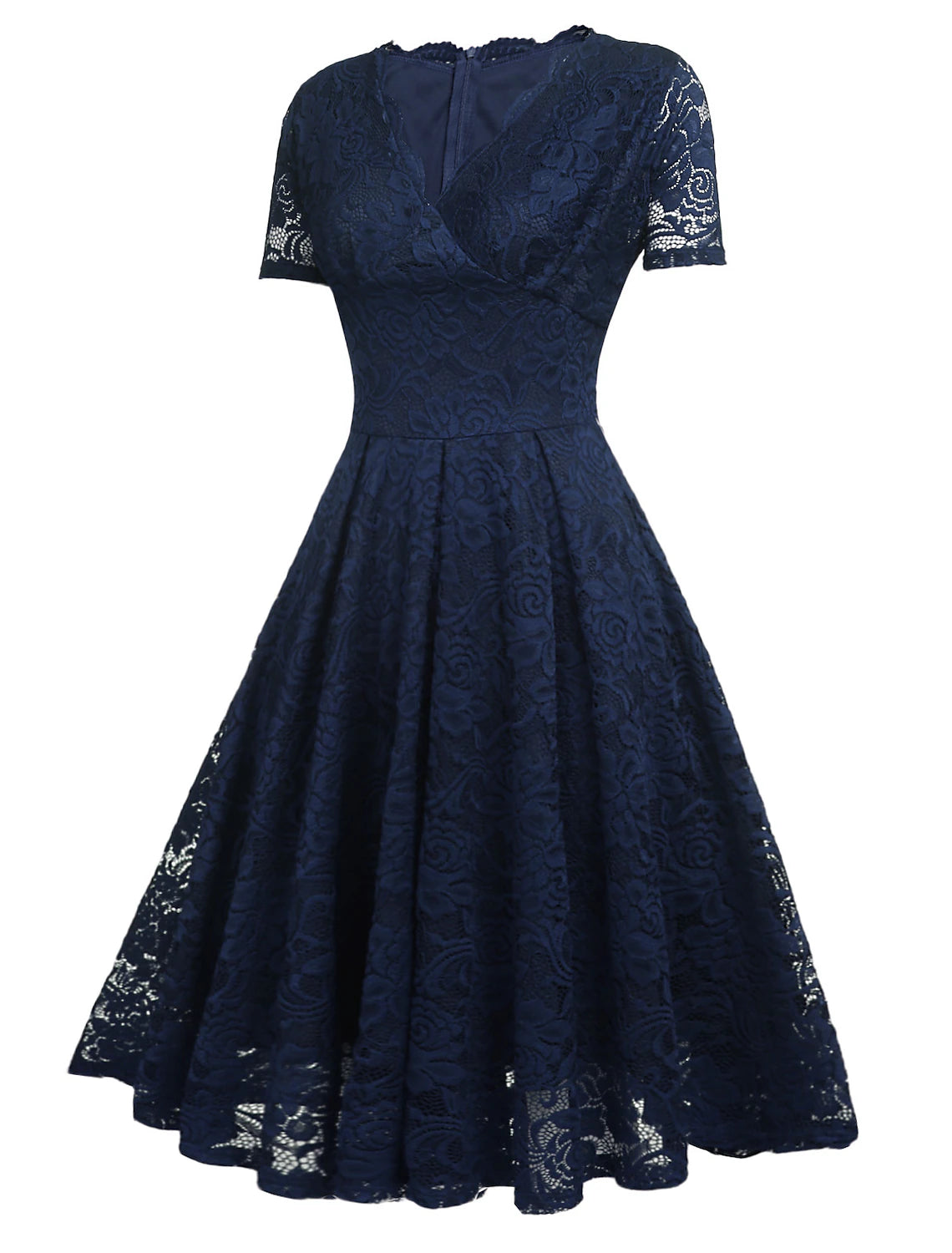 Vestidos de cóctel de corte A, minimalistas, para fiestas, hasta la rodilla, manga corta, escote en V, licra, con aplicación de encaje.