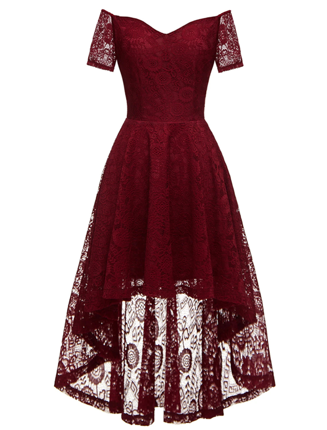 Vestidos de cóctel de corte A, vestido vintage para fiesta, largo hasta la rodilla, manga corta, hombros descubiertos, encaje con pliegues