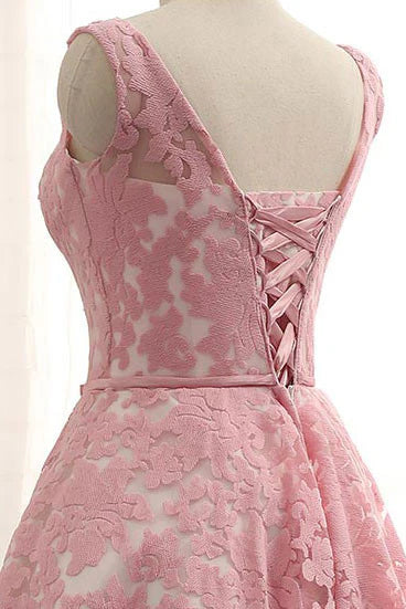 Round neck lace short prom dress