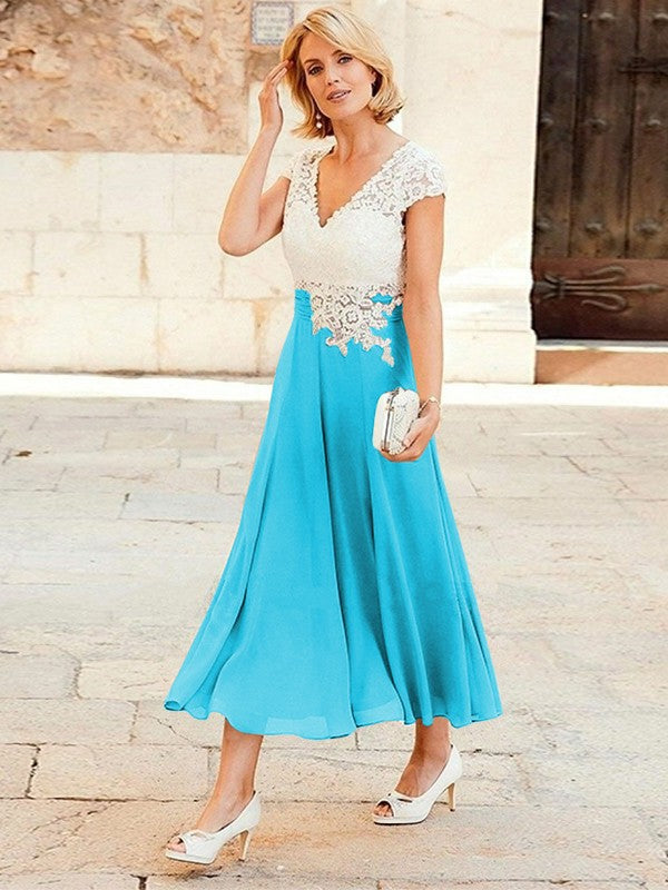 A-Line/Princess Chiffon Applique V-neck Short Sleeves Tea-Length Mother of the Bride Dresses