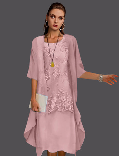 Two Piece Sheath / Column Mother of the Bride Dress Wedding Guest Elegant Jewel Neck Tea Length Chiffon Lace Sleeveless Jacket Dresses with Appliques