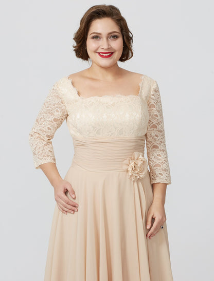 Etuikleid/Säulenkleid für die Mutter der Braut, formell, klassisch und zeitlos, elegant und luxuriös, Übergröße, quadratischer Ausschnitt, bodenlang, Chiffon, metallische Spitze, 3/4-Ärmel, nein, mit Schärpe/Blumenband