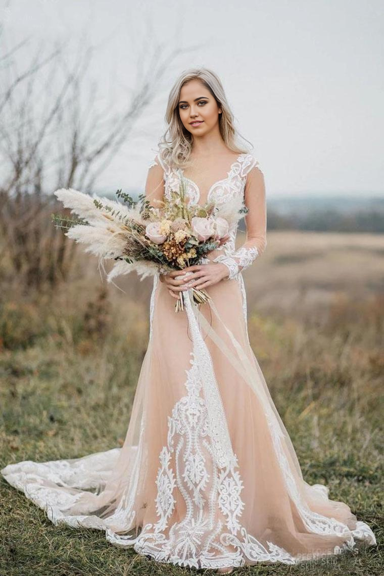 Boho Mermaid V-Neck Long Sleeves Appliques Ball Gown Bride Dresses Wedding Dress