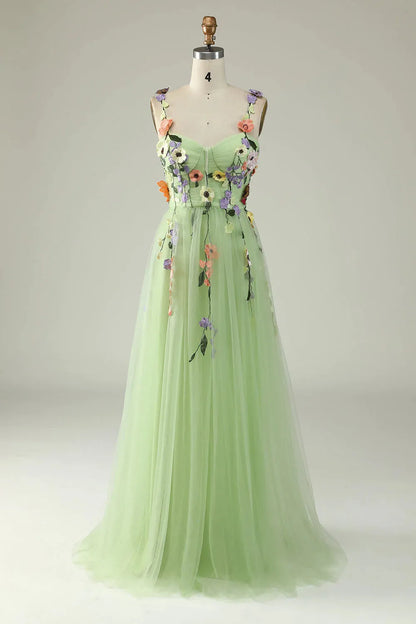 A Line Spaghetti Straps Long Tulle Prom Dress With Embroidery