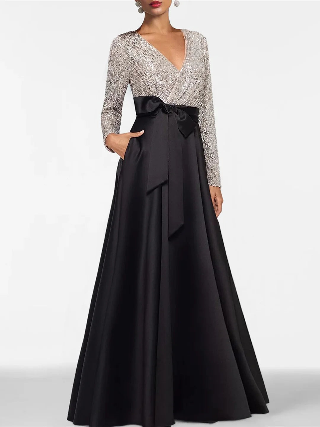 A-Line V-Neck Long Sleeves Floor-Length Mother Of The Bride Dresses