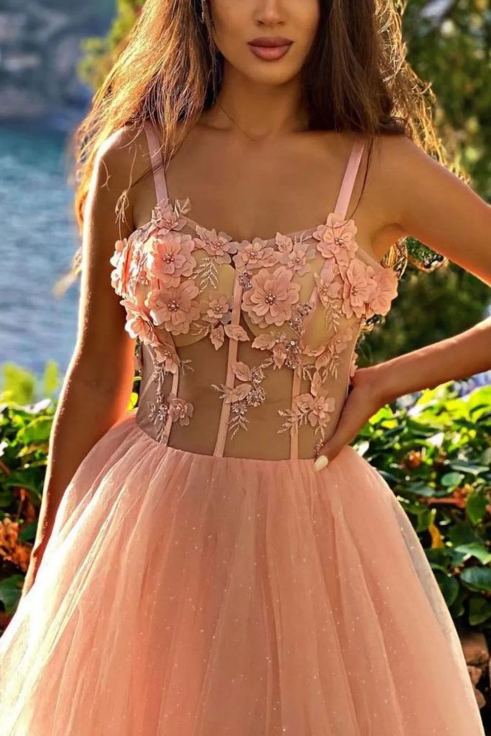 Vestido de fiesta rosa con hombros descubiertos y apliques, recién llegado