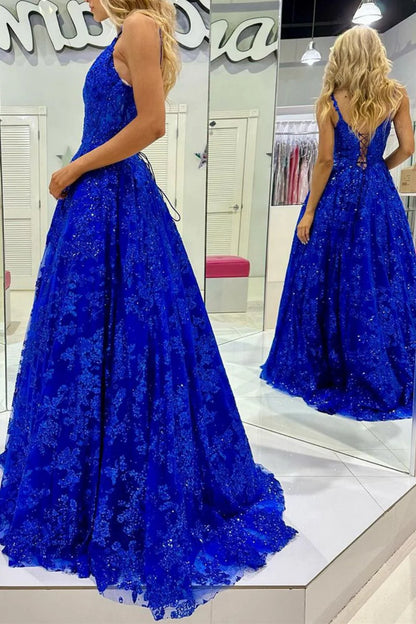 A Line Spaghetti Straps Long Prom Dress with Appliques