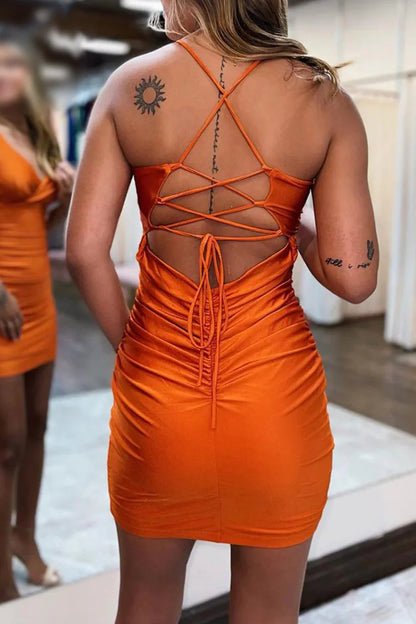 Spaghetti Straps Lace-Up Back Tight Short Homecoming Dress