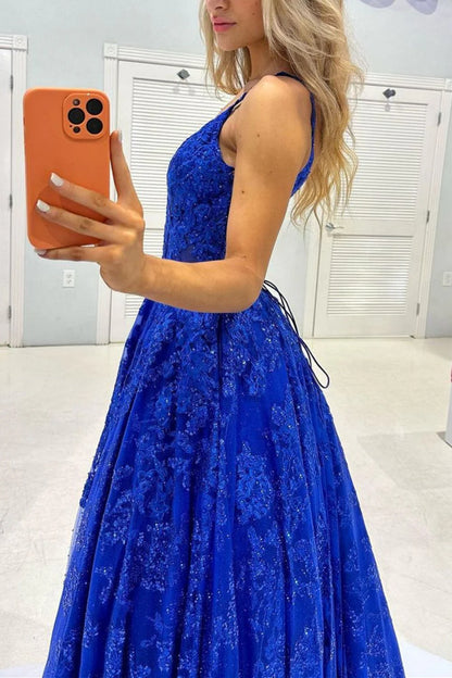 A Line Spaghetti Straps Long Prom Dress with Appliques