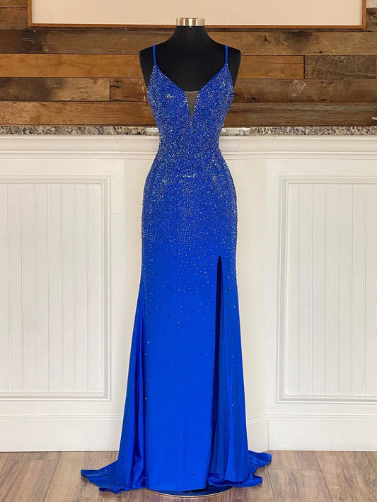 Meerjungfrau-Ballkleid aus Jersey mit V-Ausschnitt und Perlenbesatz und Schlitz