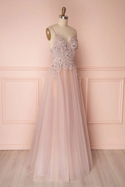 V neck tulle lace applique long prom dress