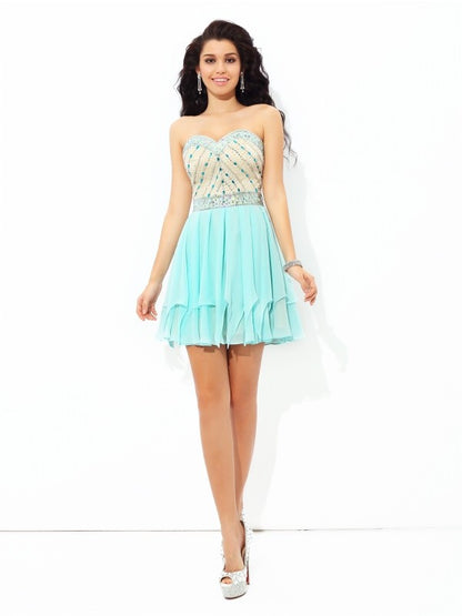A-Line/Princess Sweetheart Beading Short Sleeveless Chiffon Cocktail Dresses