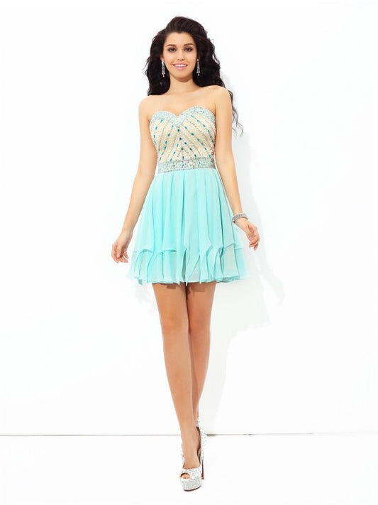 A-Line/Princess Sweetheart Beading Short Sleeveless Chiffon Cocktail Dresses