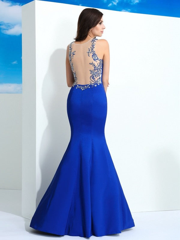 Sheath/Column Sheer Neck Beading Sleeveless Long Woven Satin Dresses