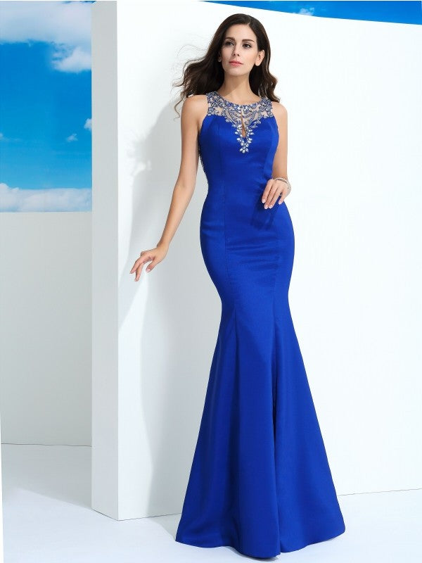 Sheath/Column Sheer Neck Beading Sleeveless Long Woven Satin Dresses