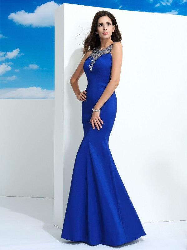 Sheath/Column Sheer Neck Beading Sleeveless Long Woven Satin Dresses