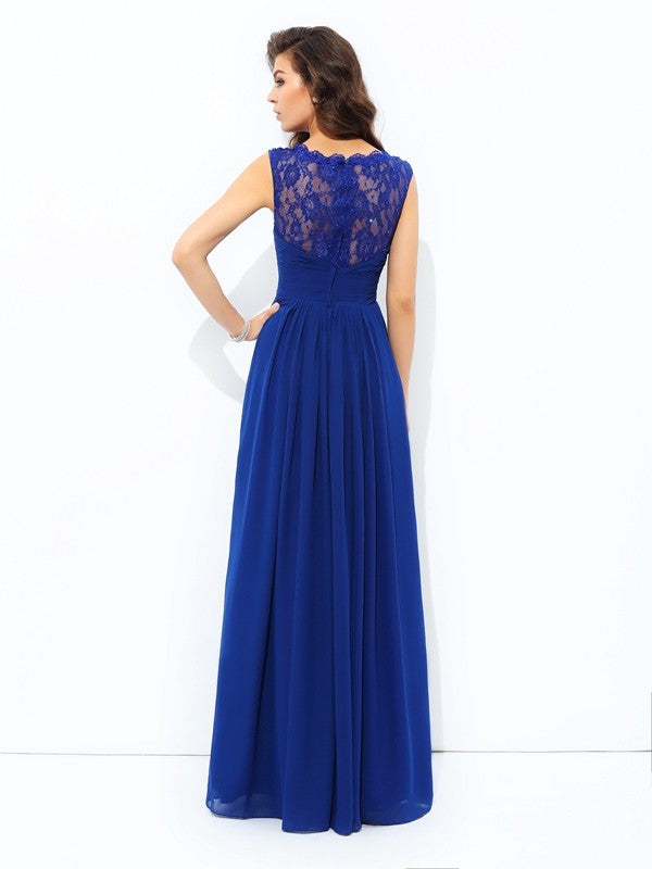 A-line/Princess Scoop Lace Sleeveless Long Chiffon Dresses