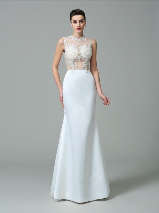 Sheath/Column Jewel Applique Sleeveless Long Satin Dresses