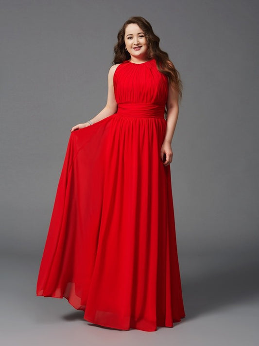 A-Linie/Princess-Linie Juwel-Ausschnitt Rüschen Ärmellos Lange Chiffon Große Größen Kleider