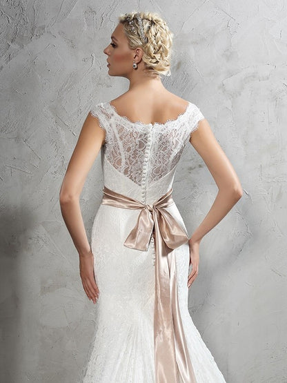 Sheath/Column Sheer Neck Sash/Ribbon/Belt Sleeveless Long Lace Wedding Dresses