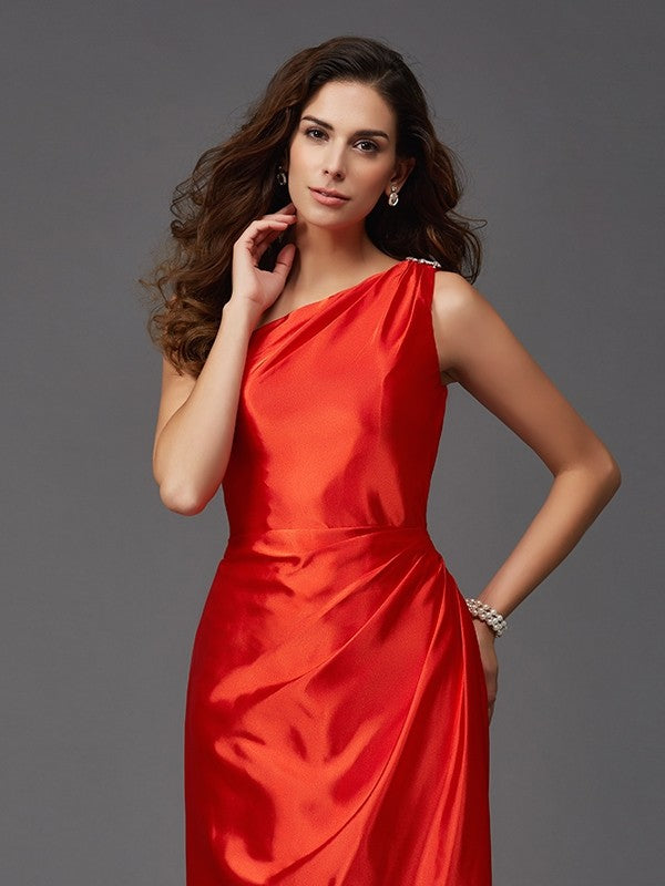 Sheath/Column One-Shoulder Sleeveless Long Elastic Woven Satin Bridesmaid dresses