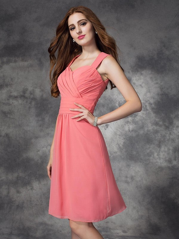 A-line/Princess Straps Ruched Sleeveless Short Chiffon Bridesmaid Dresses