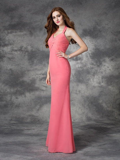 Sheath/Column Halter Ruched Sleeveless Long Chiffon Bridesmaid Dresses