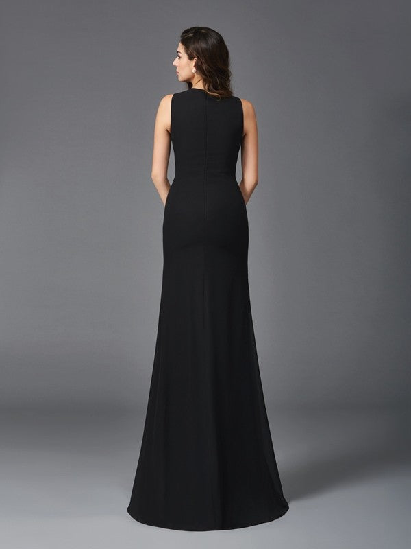 Vestidos largos de gasa sin mangas con escote redondo y cuentas