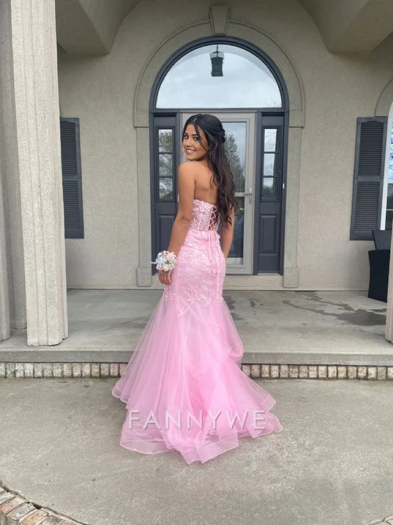 Mermaid strapless exquisite applique Pink long tulle formal dresses Bridesmaid Dresses evening gown Prom Dress