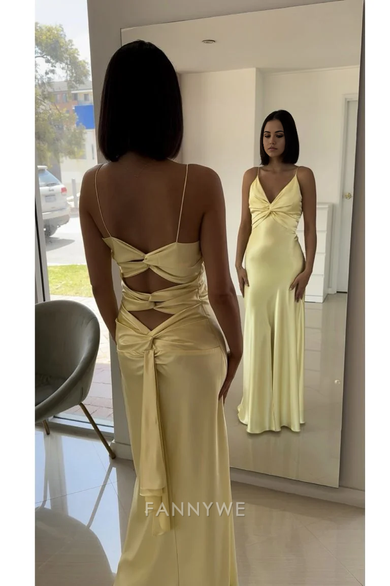 Mermaid V-neck Spaghetti Straps Elegant Long Satin Back lace-up Yellow formal dresses Bridesmaid Dresses evening gown Prom Dress
