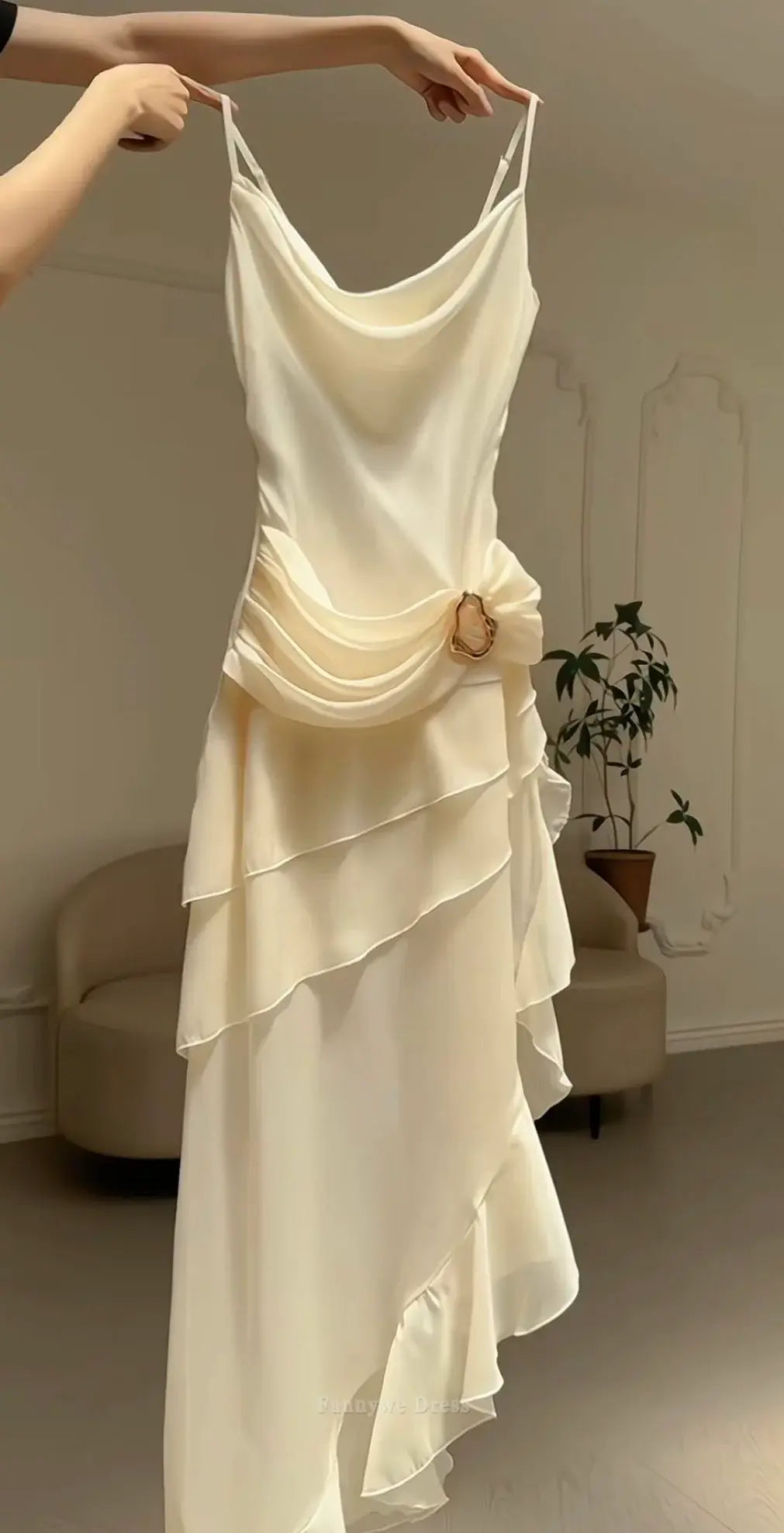 A-Line Elegant Straps Satin Ivory Long formal dresses Bridesmaid Dresses evening gown Prom Dress