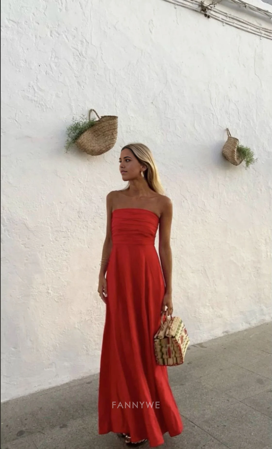 A-Linie Einfache Trägerlose Rote Abendkleider Brautjungfernkleider Abendkleid Ballkleid 