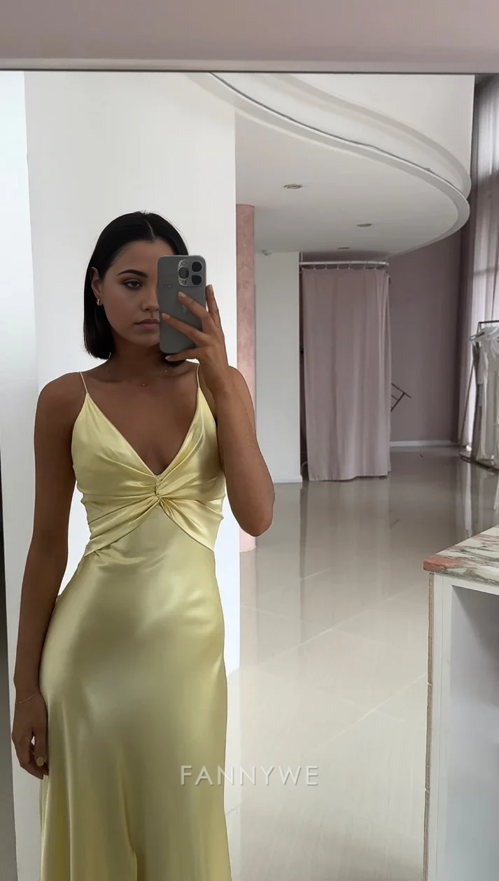 Mermaid V-neck Spaghetti Straps Elegant Long Satin Back lace-up Yellow formal dresses Bridesmaid Dresses evening gown Prom Dress