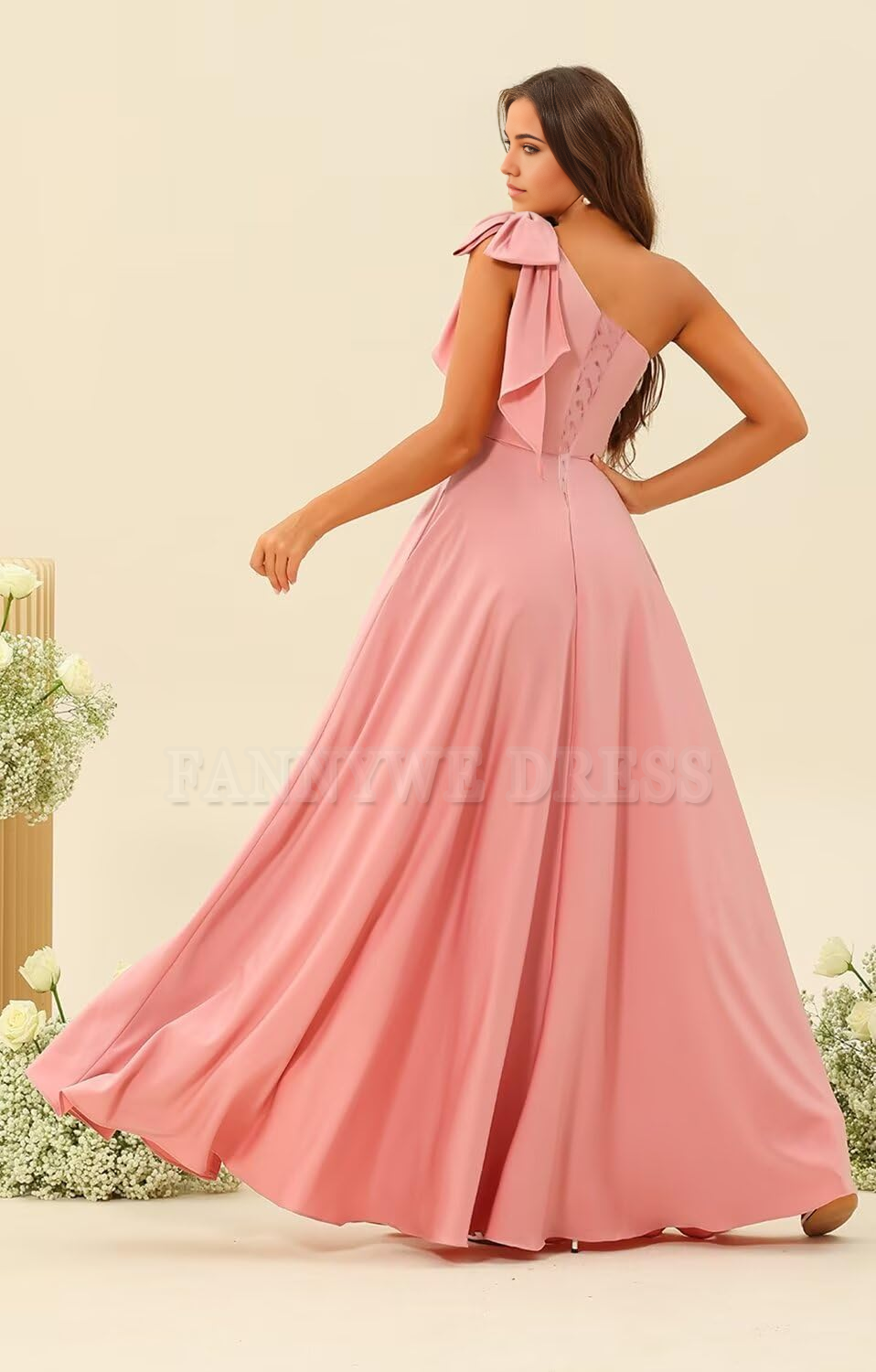 A Line One Shoulder Satin formal dresses Bridesmaid Dresses evening gown Prom Dress with Slit