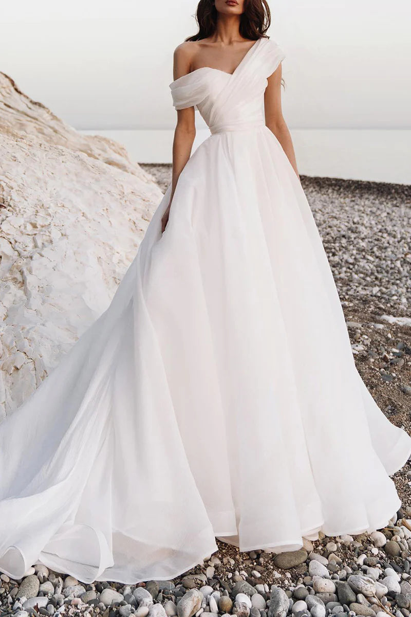 A Line One Shoulder Organza Pleats Hall Wedding Dress