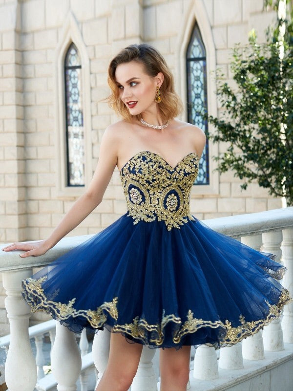 A-Line/Princess Sweetheart Sleeveless Applique Short/Mini Net Dresses